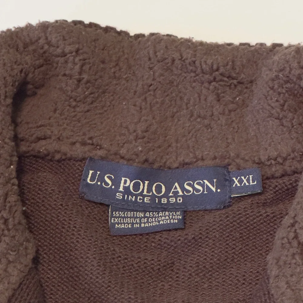 US Polo Assn Quarter Zip Sweater Brown Striped Sherpa Collar XXL